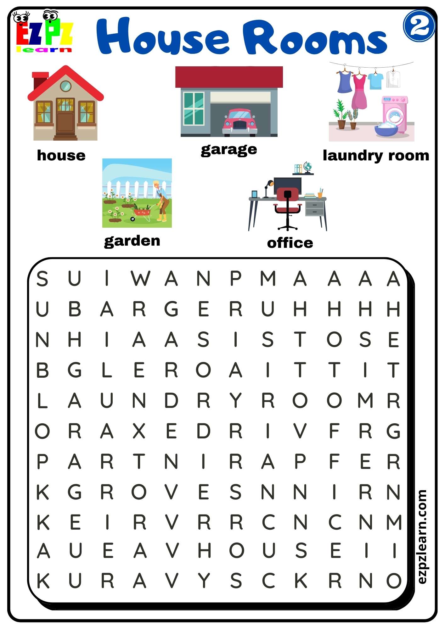 House Rooms Vocabulary Words Search Activity for Homeschool K5 and ESL Teachers Free PDF